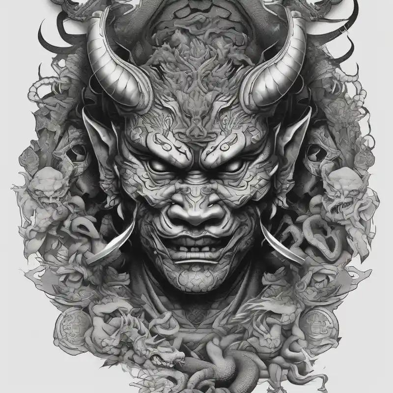 dotwork style Signification du tatouage de serpent en 2025 &Générer gratuitement about Back Tattoo with An Oni With a broken mask and a Sword and Dragons & snakes hello kitty tattoo